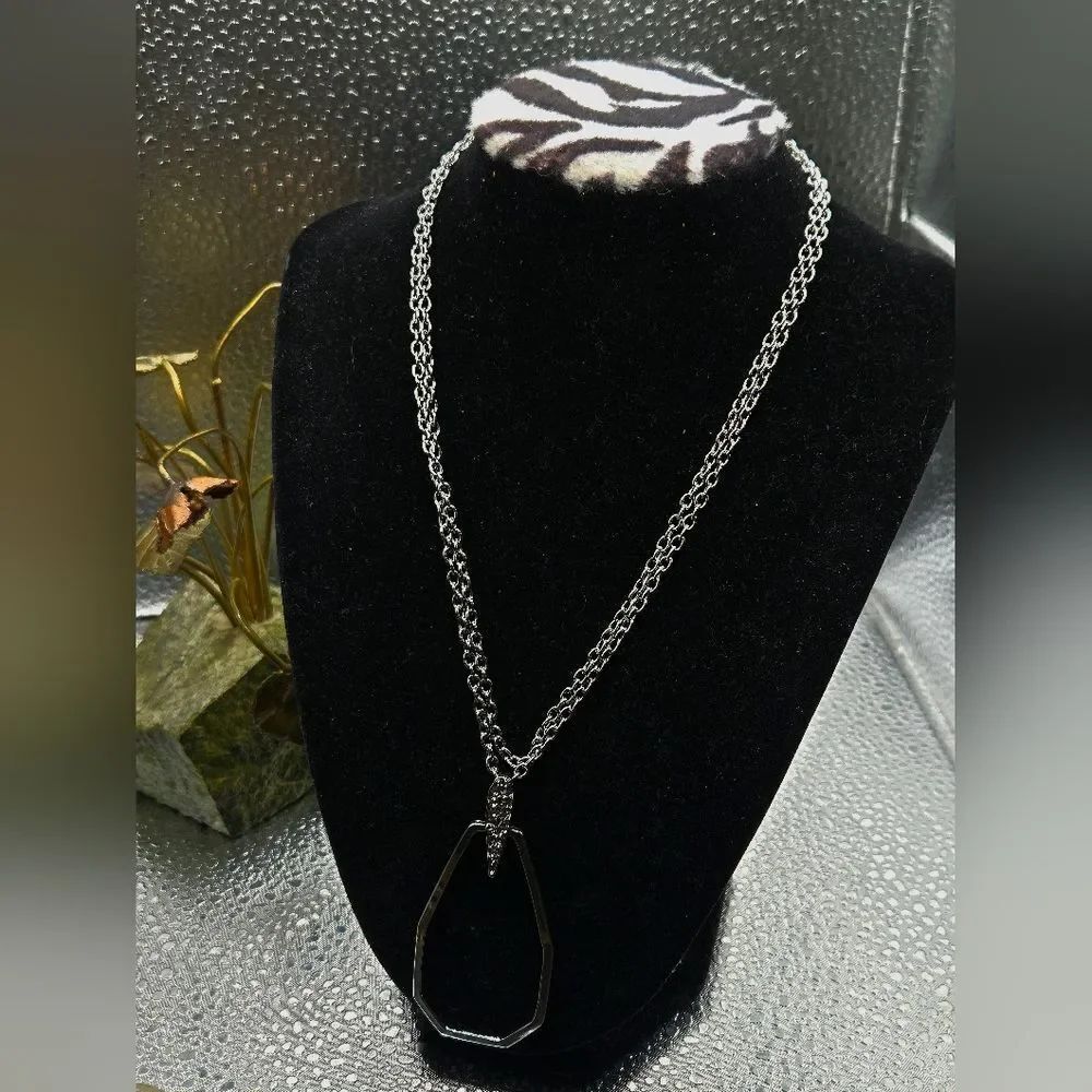 "5/$40" Long Geometric Rhinestone Adjustable Silvertone Necklace